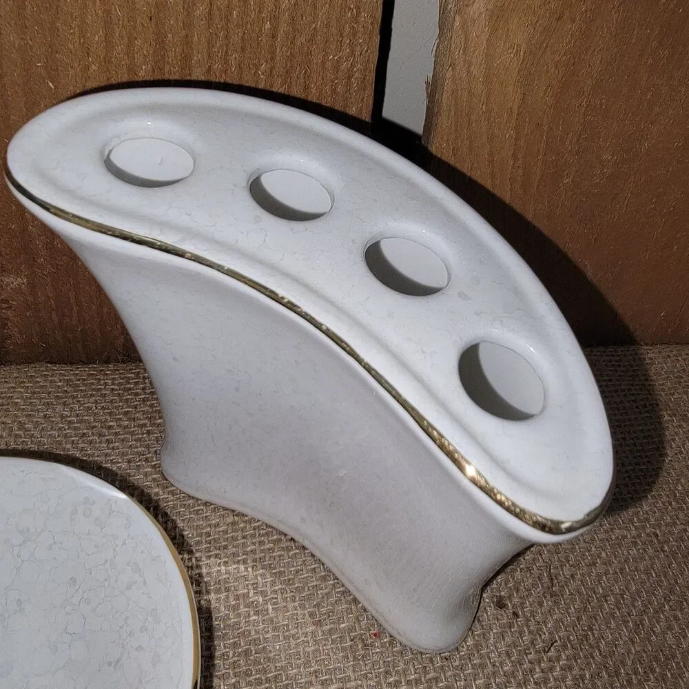 Bathroom Set Soap Dish Toothbrush Holder White Pearlized Gold Trim